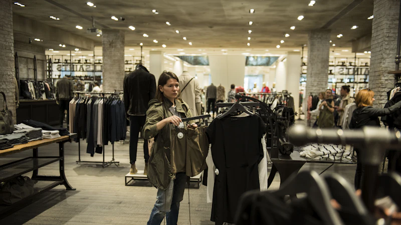 woman holding apparel inside shopping building