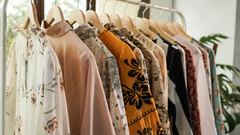 A row of assorted patterned blouses hanging on wooden hangers on a clothing rack