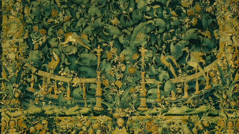 a painting of animals and trees on a green background
