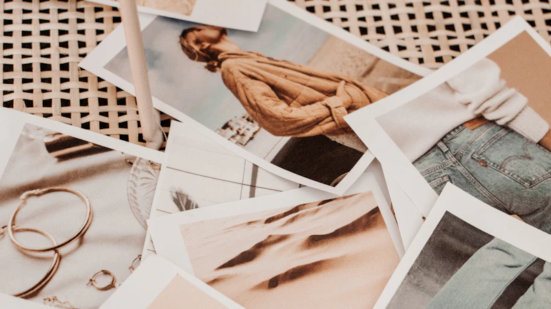 A collection of scattered photographs showing people, desert dunes, and jewelry on rattan