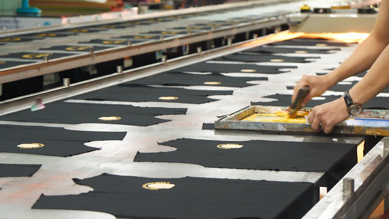 a person cutting fabric on a conveyor belt