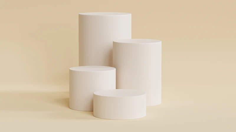 Four cylindrical pedestals of varying heights on a solid beige background