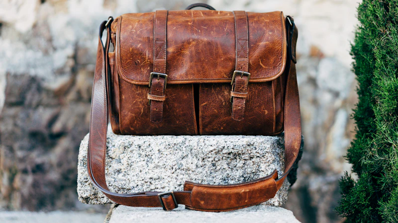 brown leather satchel bag on gray concrete surface near green plant at daytime