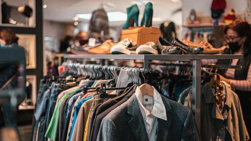 a rack of clothes and shoes in a store