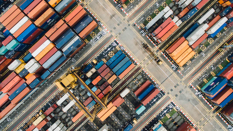 aerial view of shipping container yard