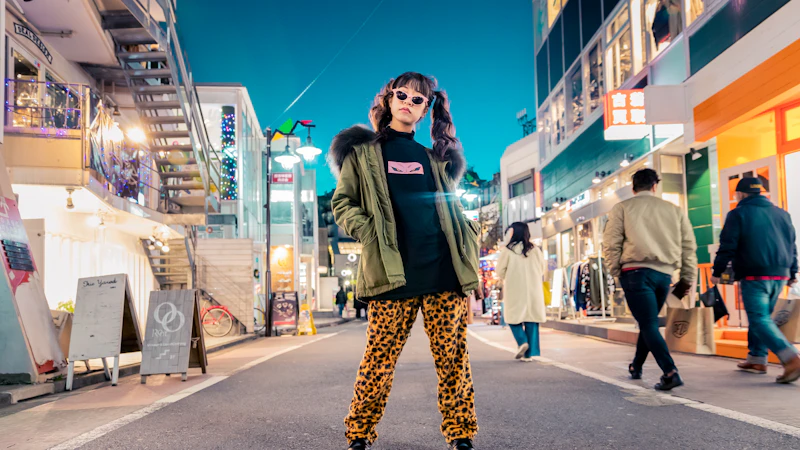 woman in green jacket stands and pose on street