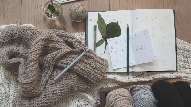 black pencil on white card beside brown knit textile