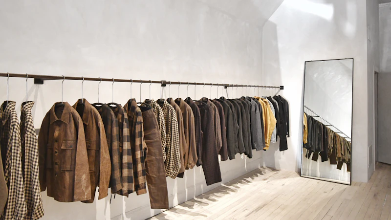 a room with a wall of clothes on the wall