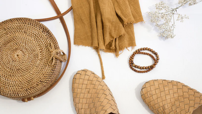person showing pair of brown wicker slip-on slippers