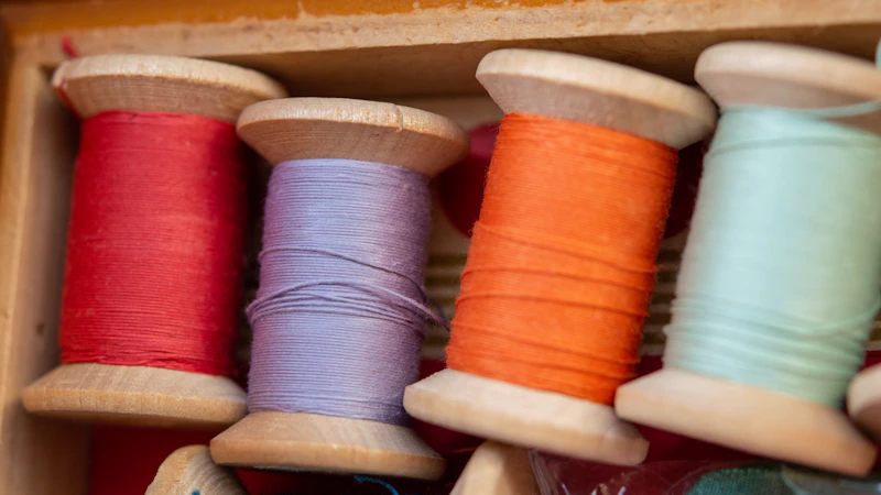 blue and red thread on brown wooden rack