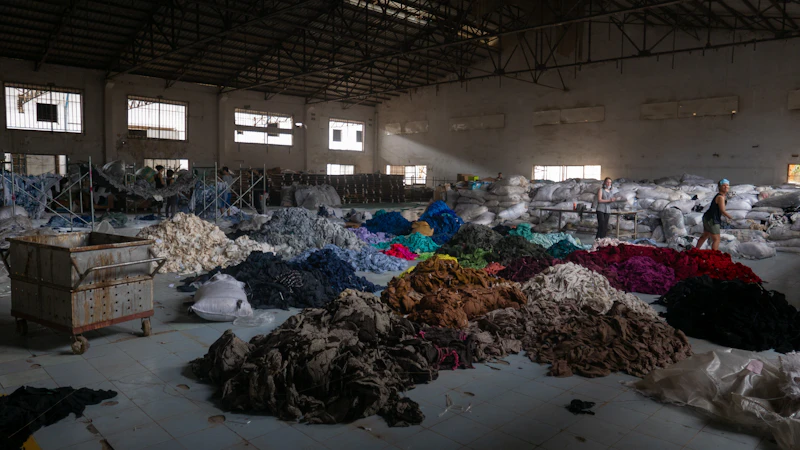 People sorting piles of colorful textile scraps in a large industrial warehouse