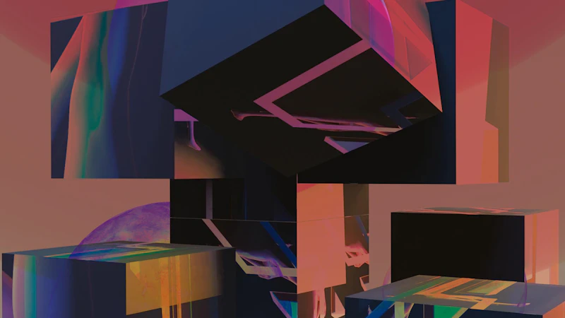a digital painting of a cube with a sphere in the background