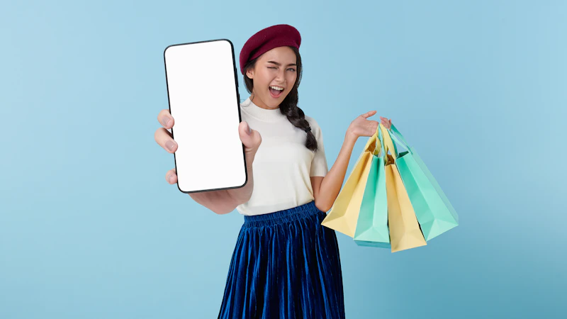 A woman holding a tablet computer and shopping bags