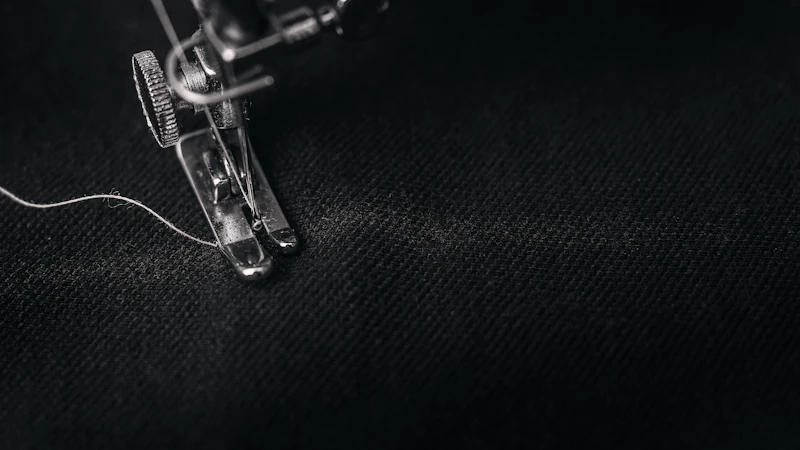 photo of gray sewing machine foot lock with thread on black cloth