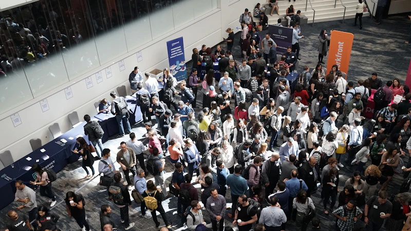 crowd of people in building lobby