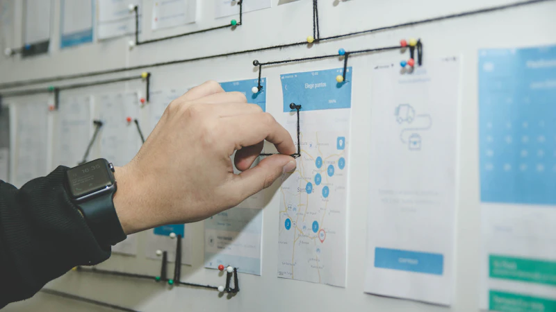 person working on blue and white paper on board