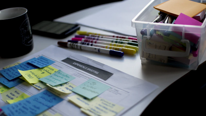sticky notes on paper document beside pens and box