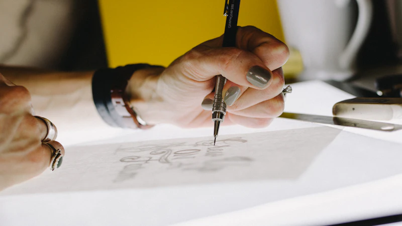person lettering on tracing paper using mechanical pencil