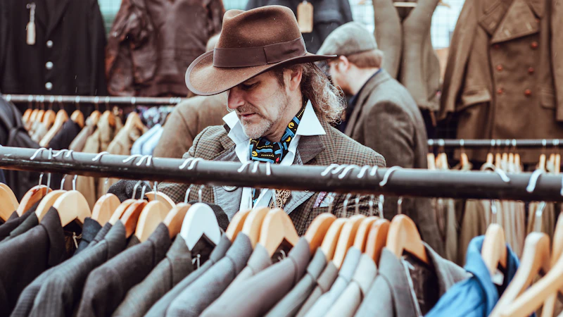 man in brown cowboy hat in front of hanged suit jackets