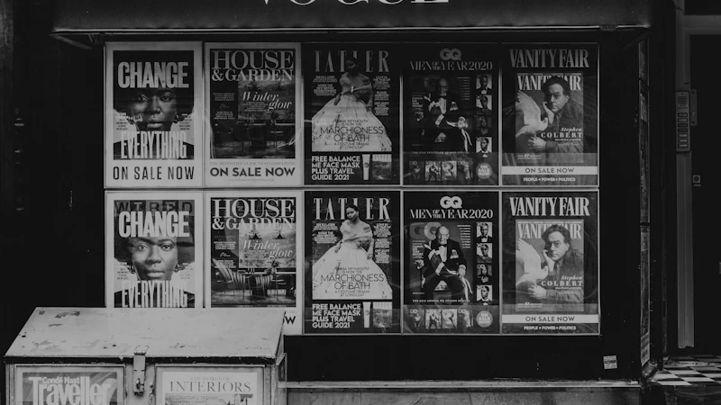 A black and white display of various magazine covers under a VOGUE awning