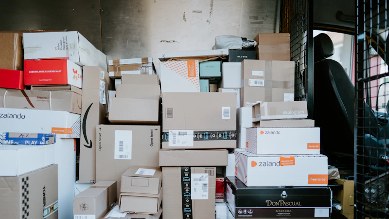 A stack of cardboard shipping boxes inside the back of a delivery van