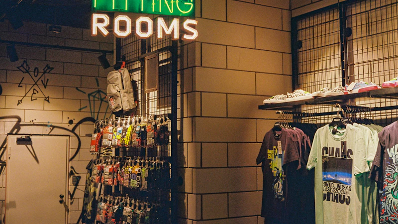 a store with a neon sign that says fitting rooms