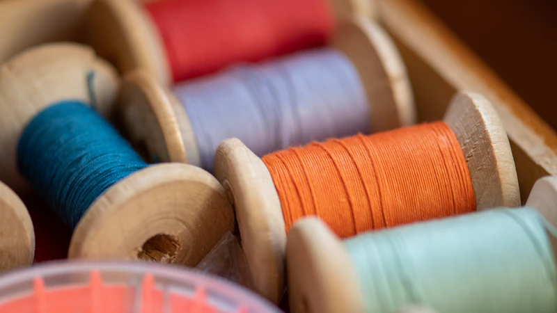 red blue and white thread spool