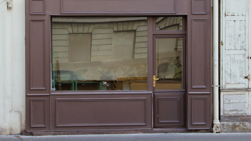 a store front with a window that has a reflection of a car in the window