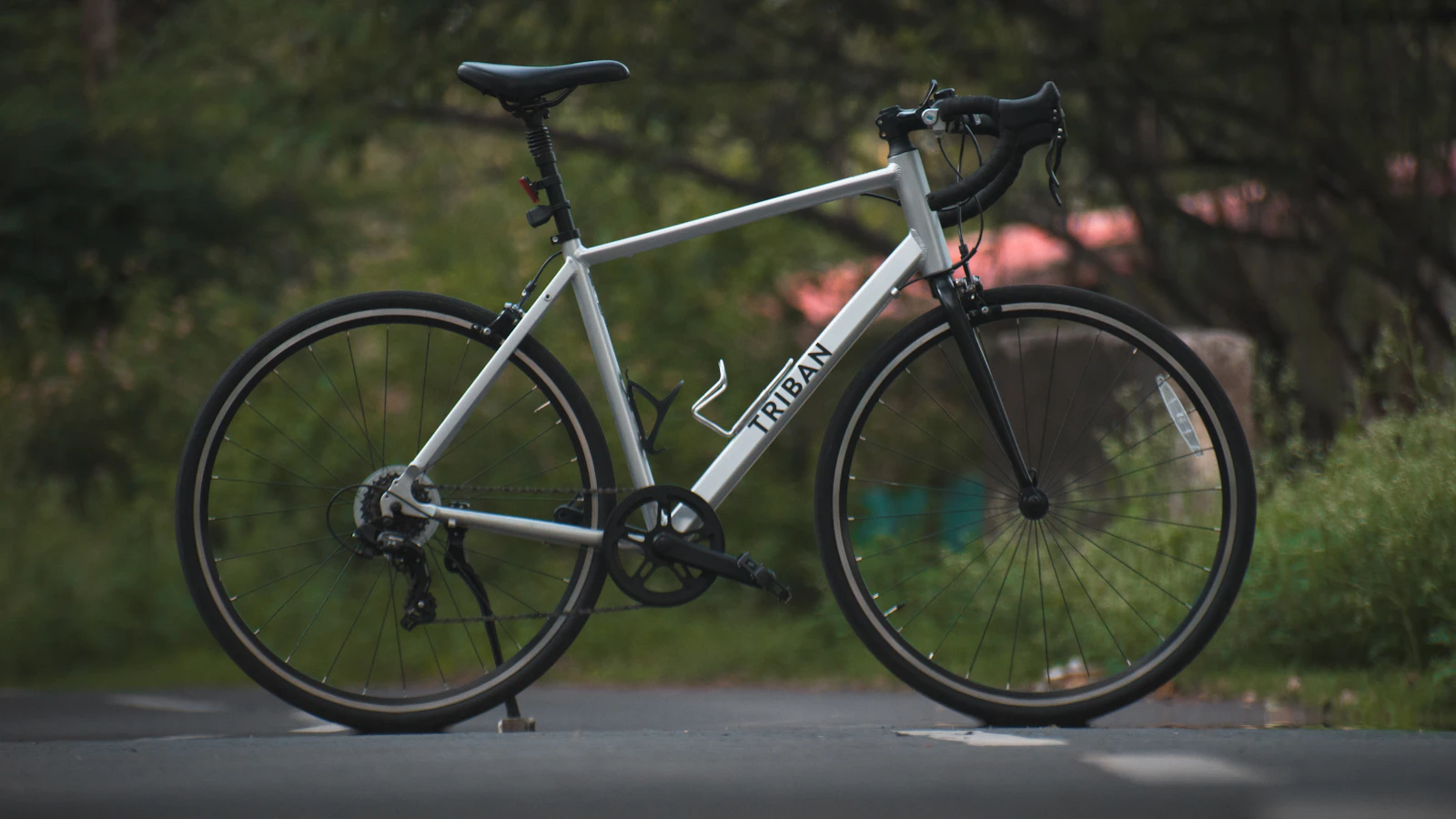 a bike parked on the side of the road