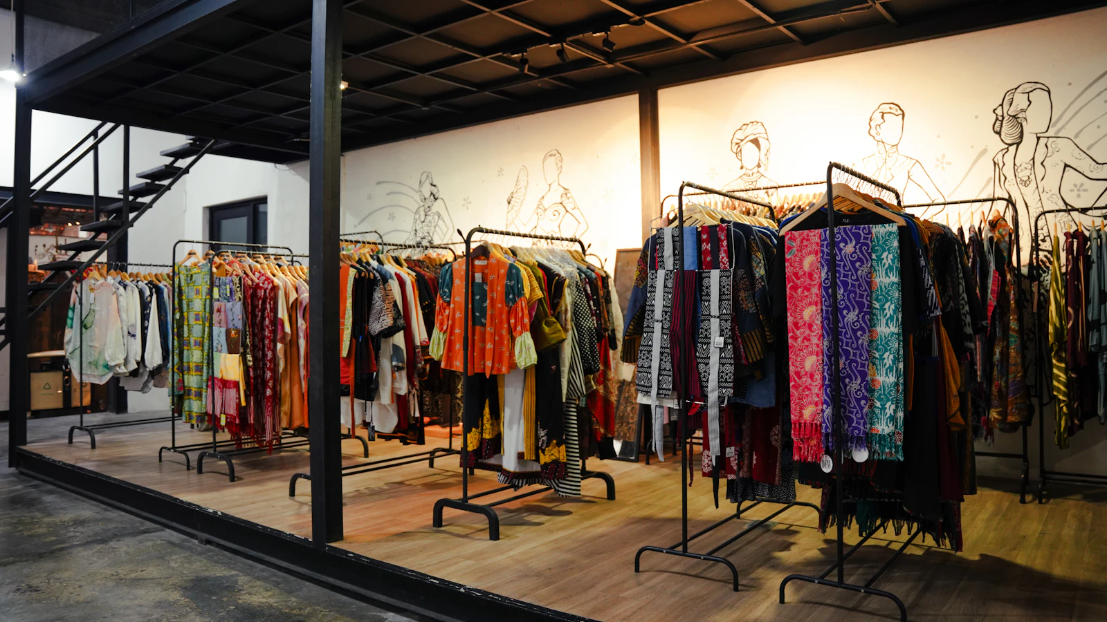 Clothing racks filled with colorful garments in a store