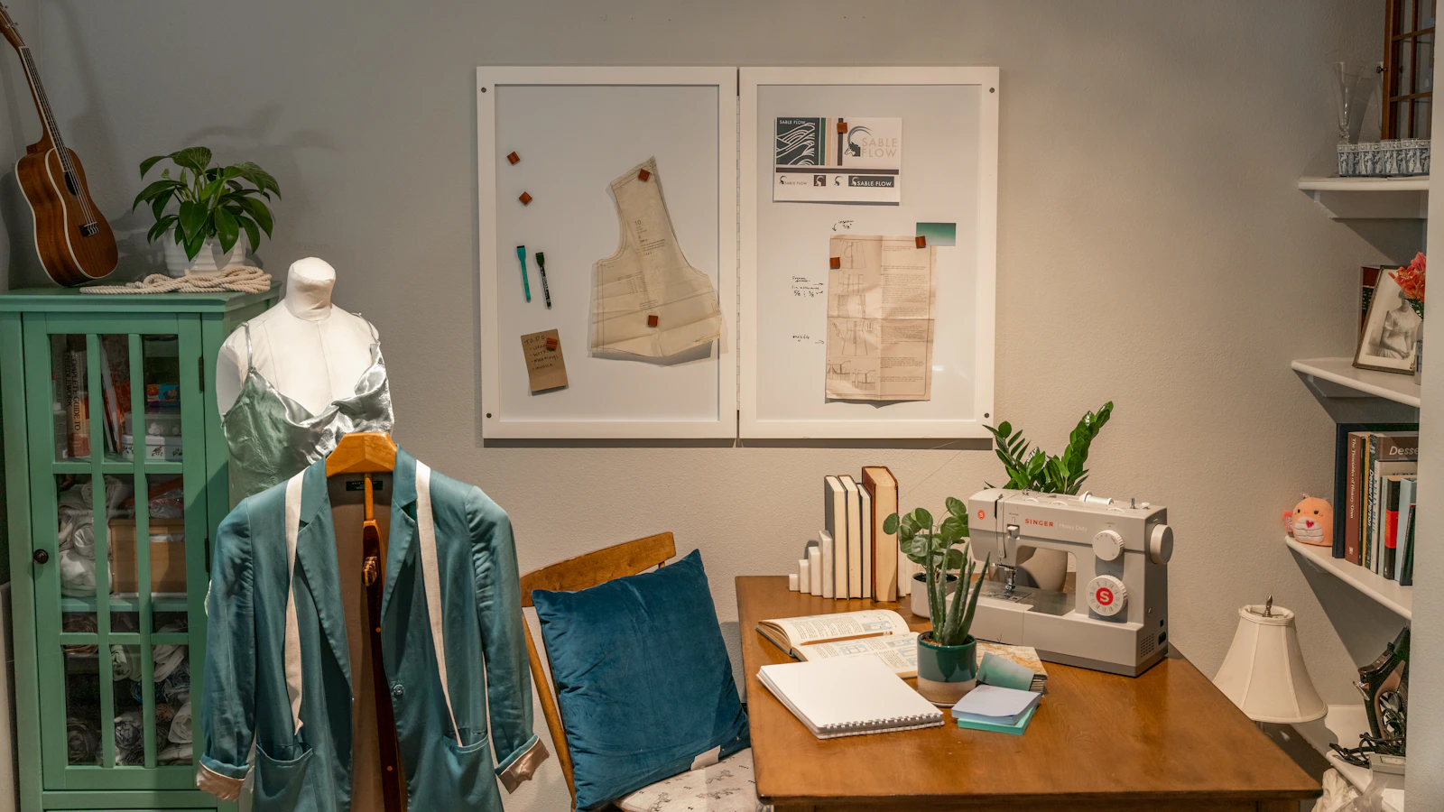 a room with a sewing machine and a table