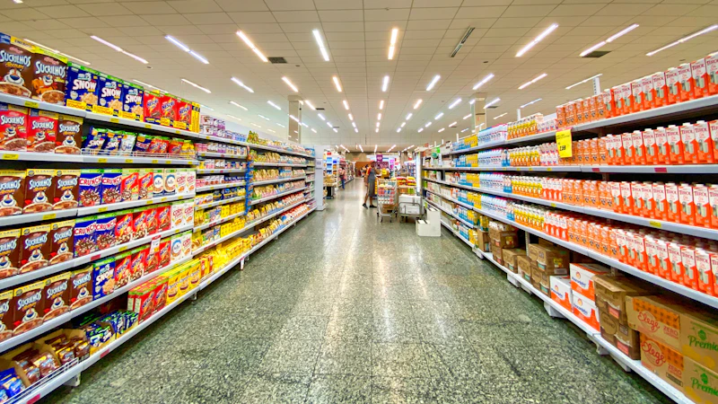 A grocery store aisle with shelves stocked with cereal boxes and milk cartons