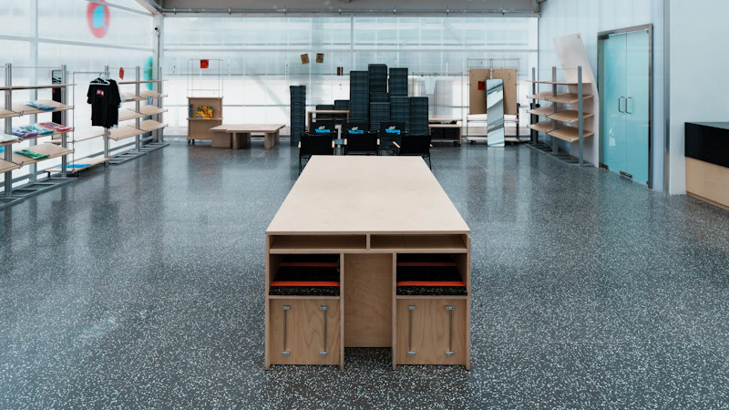A large, bright workshop space with a wooden table