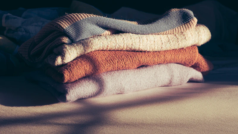 a pile of folded towels sitting on top of a bed